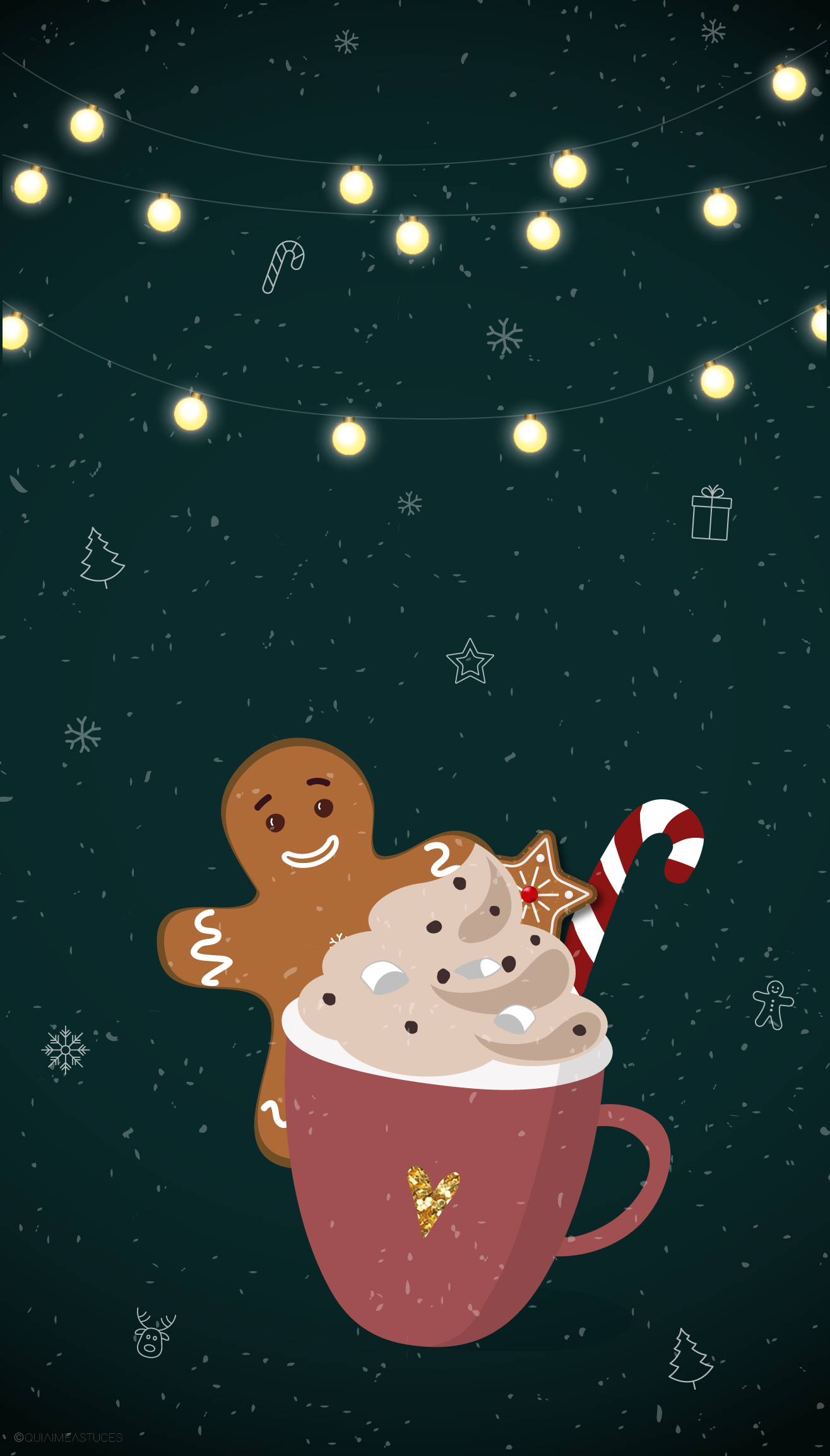 Festive illustration of a gingerbread man beside a mug of hot cocoa with a candy cane